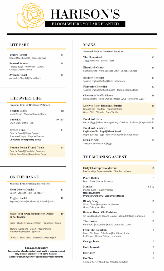 Harison's Breakfast Menu