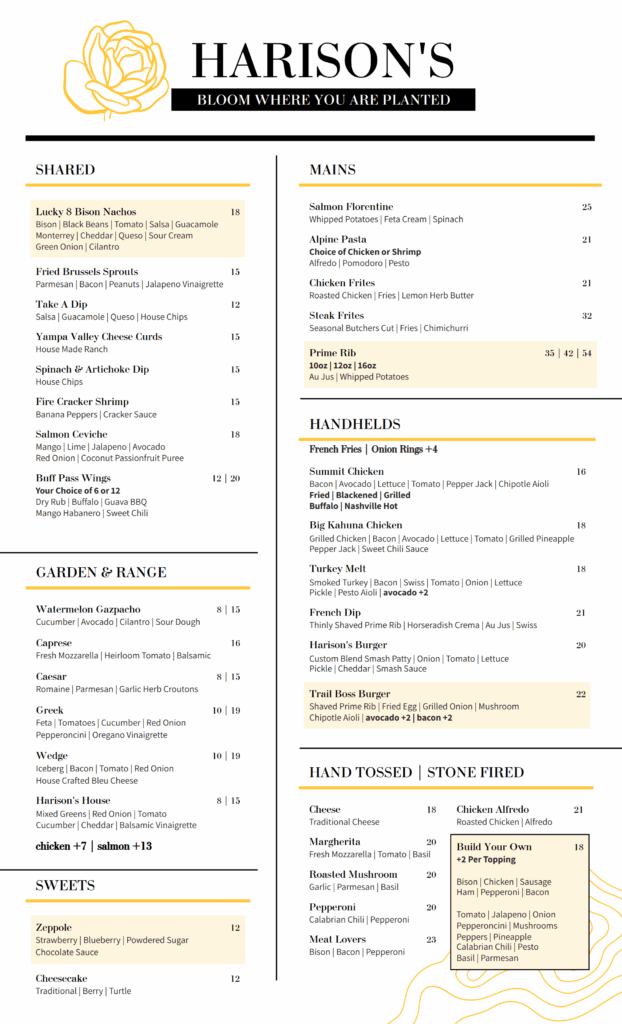 Harison's Dinner Menu